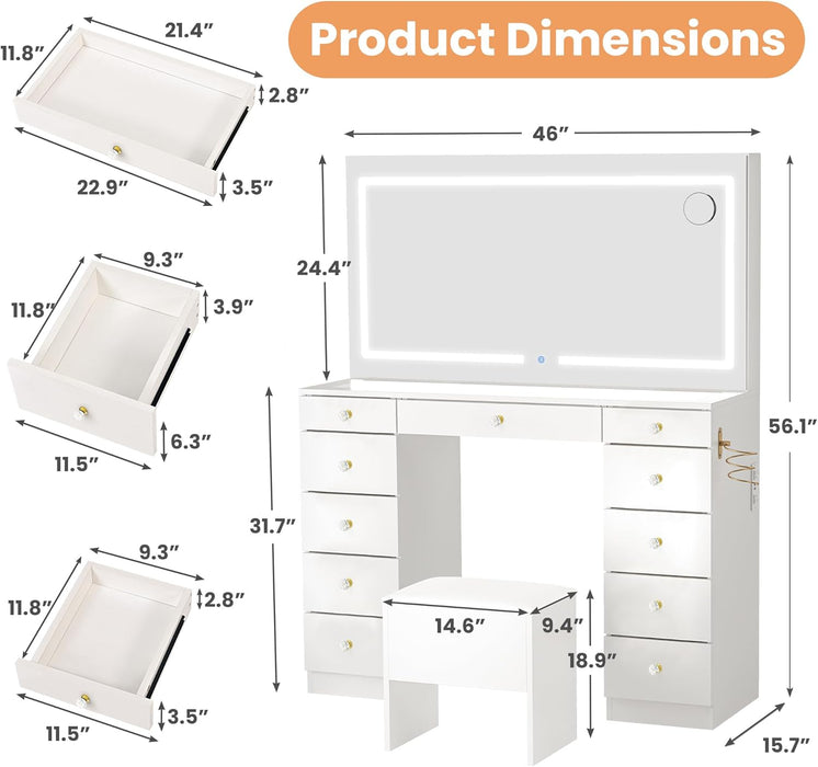 Glass Top Vanity Desk with Crystal Handles, 11 Drawers Makeup Vanity with Mirror and Stool, 3 Lighting Modes Dressing Table, Power Outlet, Silent Slides, White