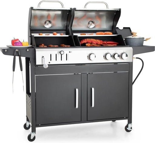 Propane Gas Grill and Charcoal Grill Combo with Side Burner & Porcelain-Enameled Cast Iron Grate, Dual Fuel BBQ Grill for Outdoor Events & Backyard Barbecue, 690 SQIN Cooking Area