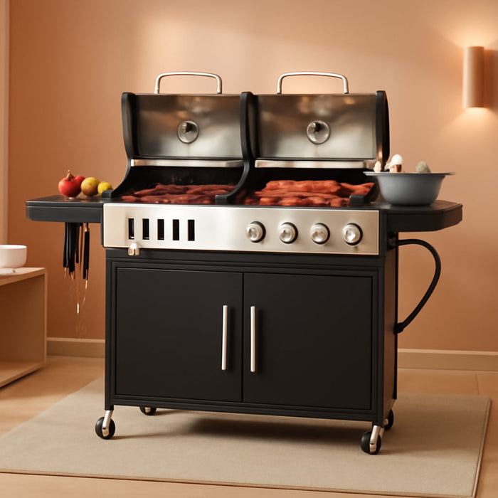 Propane Gas Grill and Charcoal Grill Combo with Side Burner & Porcelain-Enameled Cast Iron Grate, Dual Fuel BBQ Grill for Outdoor Events & Backyard Barbecue, 690 SQIN Cooking Area