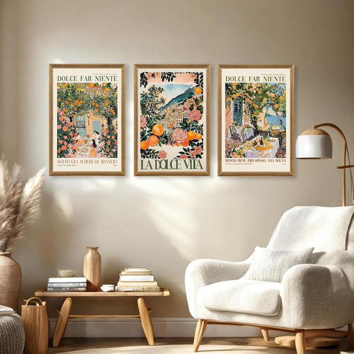 Triptych Dolce Far Niente Framed Cnavas Wall Art 20X30 Inches X3 | Wooden Frame, Uv-Resistant Ink, Giclée Printing Process, Pre-Installed Hooks Make It Easy to Hang Home or Office Wall Decor