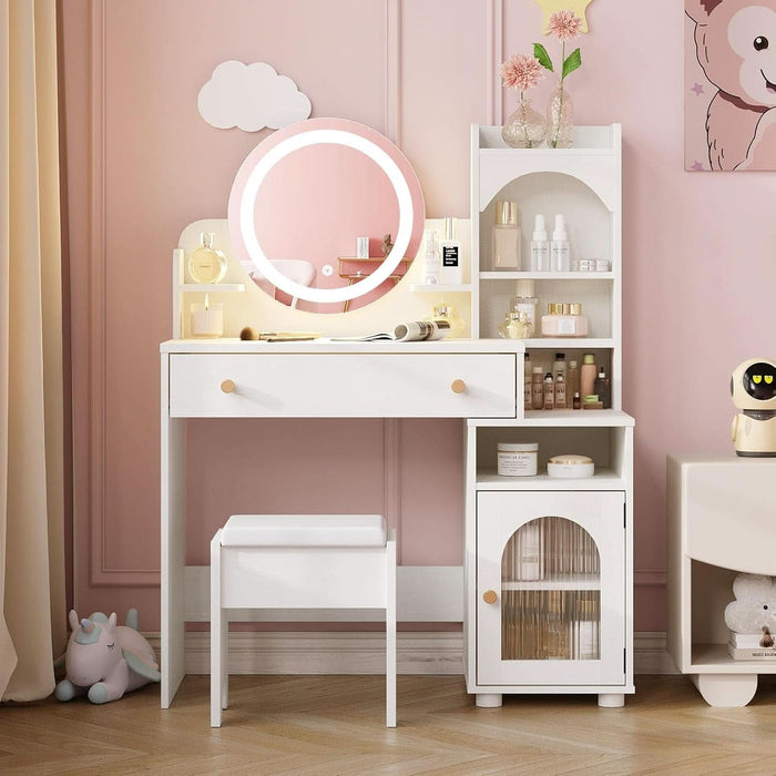 Kids Vanity Table and Chair Set, Toddler Dressing Table for 5-12 Year Old Little Girls, 2 in 1 Princess Makeup Vanity with Mirror & Lights, Wooden Pretend Play Vanity Desk, White
