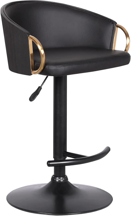 Solstice Adjustable Black Faux Leather Swivel Barstool with Black Powder Coated Finish and Gold Accents