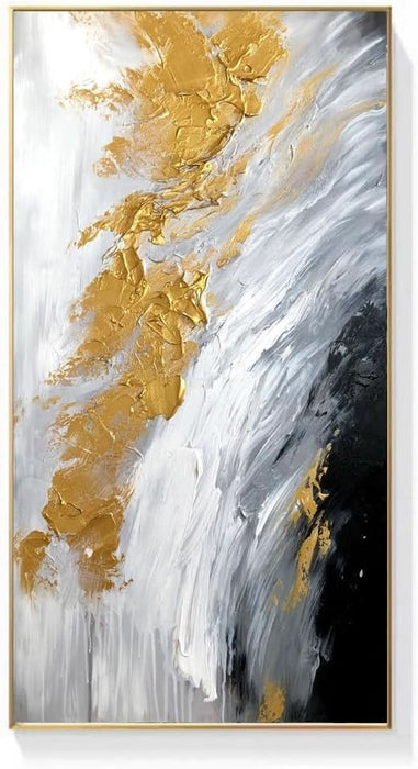 Large Hand-Painted Black and White Abstract Oil Painting on Canvas for Entrance-Hall, Framed Minimalist Wall Art for Living Room, Gold 3D Textured Office Wall Picture for Bedroom Kitchen Home Decoration 28X56Inch