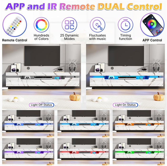 70IN White TV Stand for 75/80 Inch Tv,Modern LED TV Stand for Living Room,High Gloss Entertainment Center with Storage Drawer,App RGB Light,Tv Console,Television Stands(Marbling)