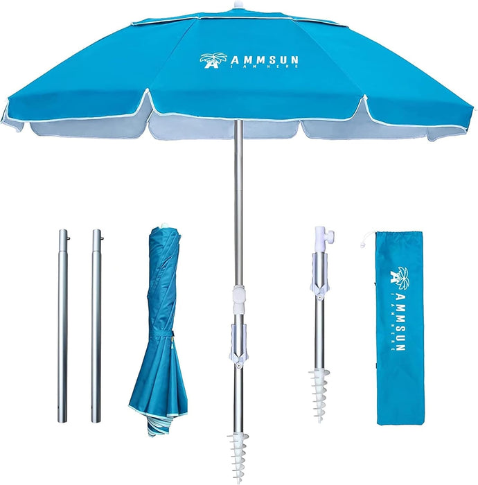 6.5Ft Twice Folded Portable Beach Umbrella with Sand Anchor Windproof Tilt Pole Air Vent UPF 50+ Protection Fits in a Large Suitcase for Travel Patio Garden Pool Backyard Sky Blue