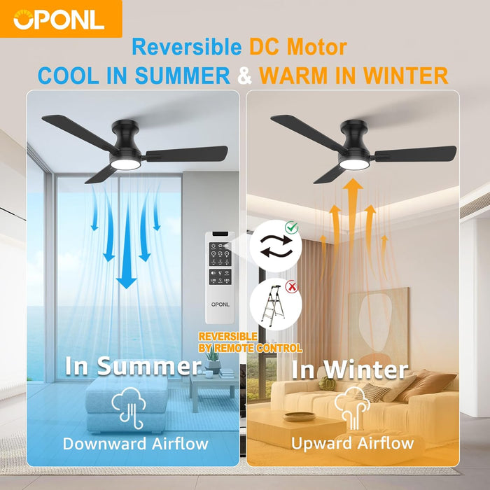 42 Inch Ceiling Fans with Light, Black Low Profile Ceiling Fan with Light, Remote Control, Flush Mount, Reversible, 6CCT, Dimmable, Noiseless, Modern Ceiling Fan for Bedroom, Indoor/Outdoor Use