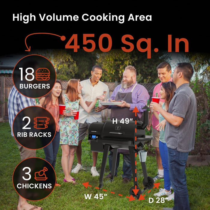 ZPG-450A Wood Pellet Grill & Smoker with PID V2.1 Controller, 459 Sq in Cook Area, Meat Probe, Foldable Shelf, 8 in 1 BBQ Grill Outdoor Auto Temperature Control, Black