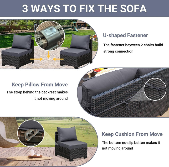 6-Piece Patio Furniture Set, All-Weather Outdoor Wicker Sectional Sofa with Cushions, Glass Table & Left and Right Armrest, Rattan Conversation Seating for Porch, Garden, Backyard,Grey