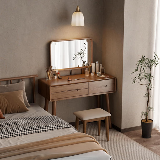 Solid Wood Vanity Desk with Mirror and Lights,Adjustable Height and Brightness, Makeup Vanity with 3 Drawers,Semi-Assembled,Dressing Table for Bedroom (Walnut)