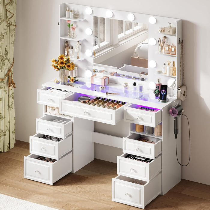 Vanity Desk with Lighted Mirror, Large Storage Makeup Table with 9 Drawers, Makeup Dressing Table with Crystal Ball Knobs Vanity Set for Women,White