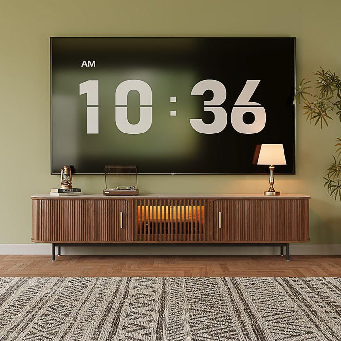 Fully-Assembled Mid Century Modern Black TV Stand with White Matte Travertine Stone Tabletop & LED Lights, Rolling Door Media Console, Wood TV Console for Living Room