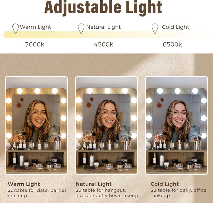 Vanity Desk with Mirror and Lights, Makeup Vanity with 3 Color Dimmable Lighted Hollywood Mirror, Brown Makeup Table with 4 Drawers, Large Dressing Table for Women Girls