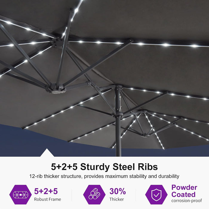 13Ft Double-Sided Patio Umbrella with Solar Lights Outdoor Market Umbrella with Base and Crank Handle Table Umbrella for Backyard Pool Garden Deck, Grey