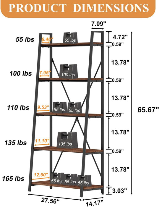 Ladder Shelf Bookcase, 5-Tier Industrial Ladder Bookshelf, Tall Living Room Shelves, Wood and Metal Leaning Shelf for Home Office, Kitchen, Bedroom, Balcony (Rustic Oak)