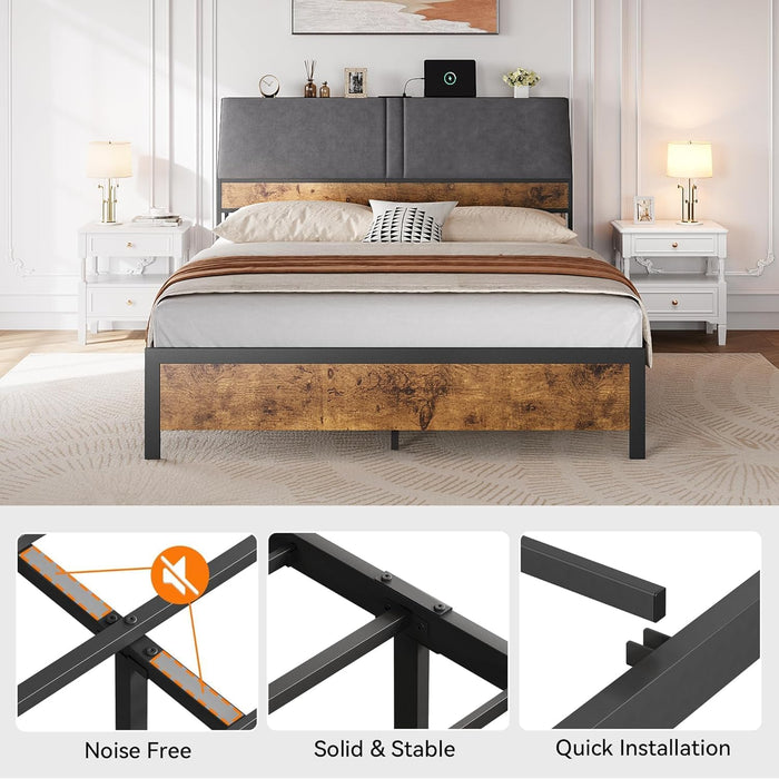 Queen Bed Frame, Ergonomic Padded Headboard, Integrated Charging Ports, Storage in the Headboard, Robust Construction, Quiet Comfort, and Designed to Be Used without a Box Spring