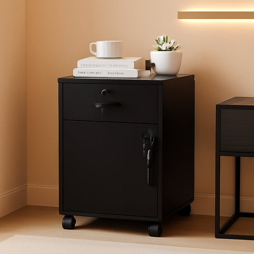 Mobile File Cabinet with Lockable Drawer & Door, under Desk Rolling Filing Cabinet with 4 Wheels, Wooden Stationery Storage Cabinet for Home Office (Black)