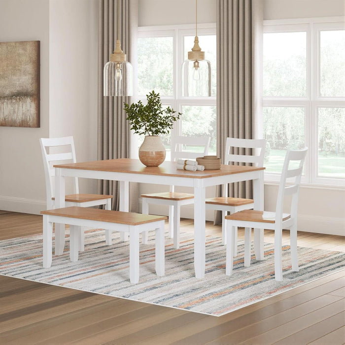 Gesthaven Casual Modern Dining Room Table Set with 4 Chairs and Bench, Set of 6, Mango Wood, 30.25" Table Height, White & Light Brown