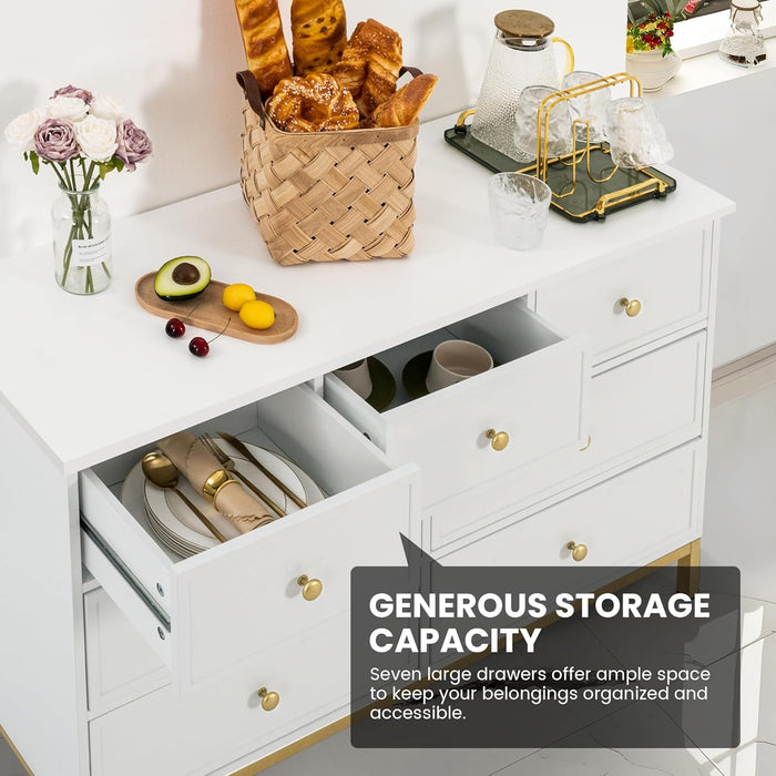 Modern 7-Drawer White Dresser,47" White Wooden Dresser for Bedroom, Storage Organizer with Deep Drawers & Metal Handles for Bedroom, Living Room, Entryway, Hallway