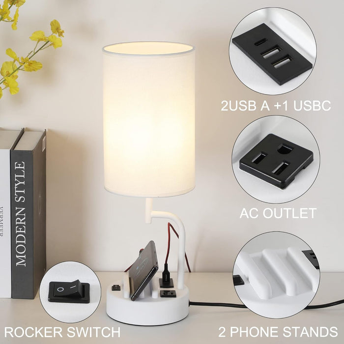 Table Lamp with 3 USB Charging Ports, Modern Desk Lamp with AC Outlet and Phone Stands, Perfect Bedside Lamp for Bedroom, Living Room, Office (Pack of 2), White