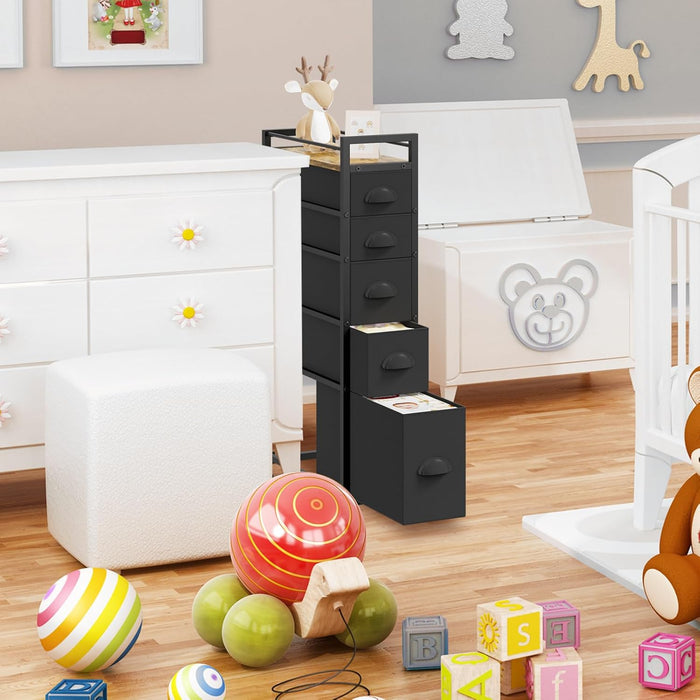 Black SlimStorage Narrow Five Drawer Dresser Wheeled