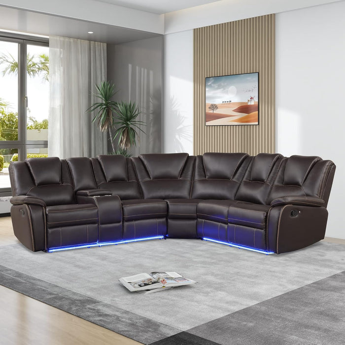 Faux Leather Reclining Sectional Sofa with LED Lights