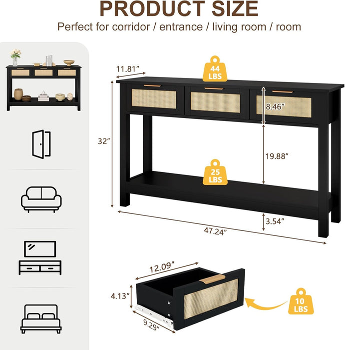 Entryway Console Table with 3 Rattan Drawers - Long Sofa Table behind Couch Modern Fluted Hallway Living Room Storage Cabinet, Entry Table Open Shelf Foyer Furniture, Anti-Tip, Black, 47 Inch