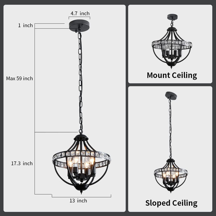 Black Crystal Chandelier 4 Light Pendant Farmhouse