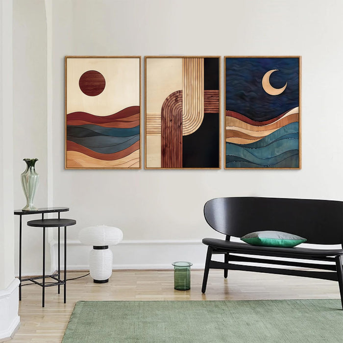 Boho Mid Century Modern Framed Canvas Wall Art, Bohemian Geometric Wall Decor, Abstract Sun and Moon Artwork,Beige and Black Wooden Art Paintings for Living Room Bedroom Office 16"X24"X3