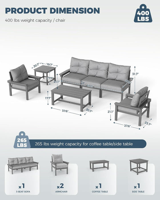 HDPE Outdoor Patio Furniture Set, Grey Frame & Grey Cushions