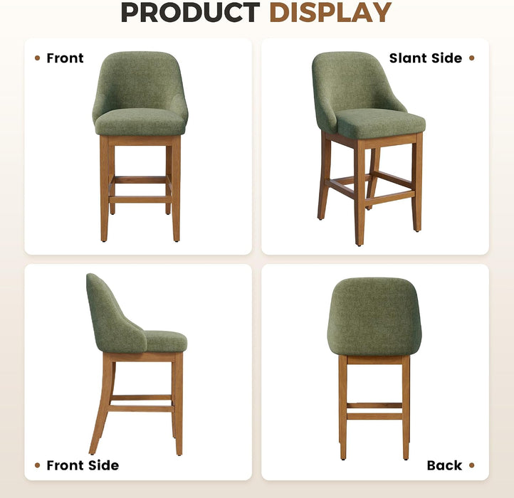 Bar Stool Set of 2, 26" Upholstered Counter Height Stools | Comfortable Chenille Fabric Barstool, Solid Wood Legs and Footrest, Bar Chair with Back for Kitchen Island, Green