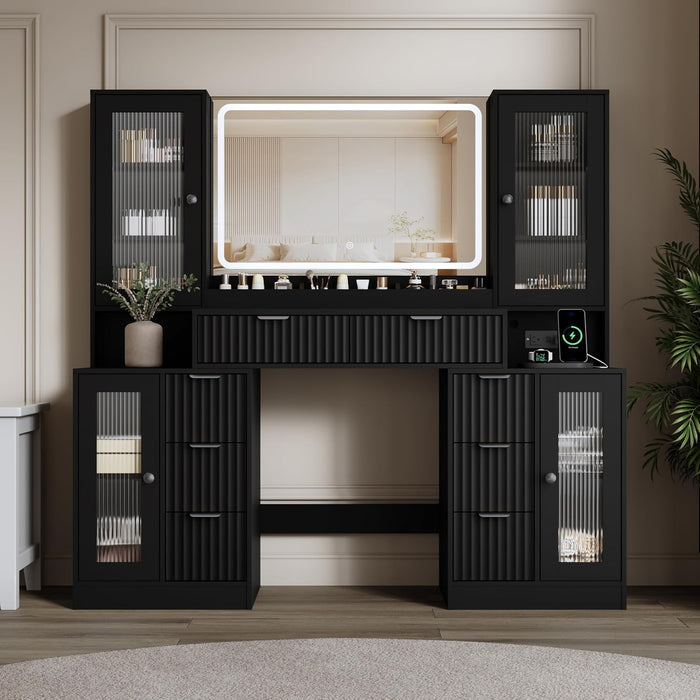 55" Vanity Desk with Mirror & Lights, Fluted Makeup Vanity with 8 Drawers & 4 Cabinets, Tempered Glass Top, RGB Cabinet Lighting, 3-Color Dimmable Mirror, and Charging Station