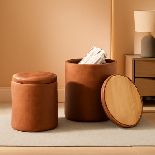 Round Ottoman with Storage Set of 2, 12.6"W X 14.17"H & 14.76"W X 17.32"H Faux Leather Button Tufted Storage Ottoman, Boucle Vanity Stool Footrest Coffee Table for Living Room, Bedroom, Brown