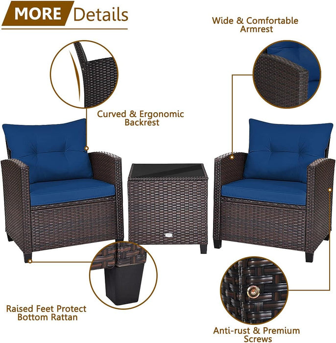 3 Piece Patio Furniture Set, Outdoor Conversation Set with Washable Cushions & Tempered Glass Tabletop, PE Rattan Wicker Bistro Set for Porch, Garden, Balcony (Navy Blue)