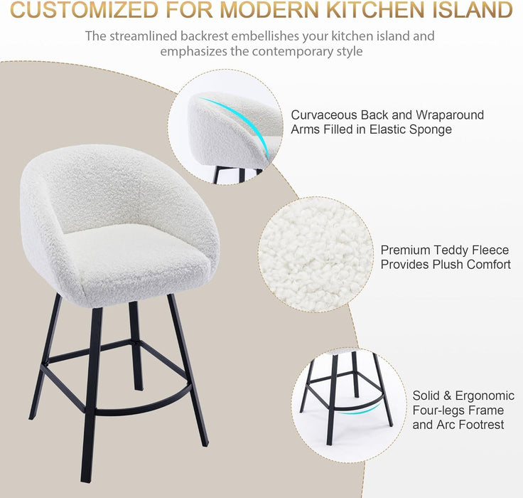 26'' Swivel Counter Stools, Modern Bar Stools for Kitchen Counter, White Sherpa Kitchen Counter Stools, Upholstered Barstools with Backs, Counter Height Stool Chairs with Metal Legs
