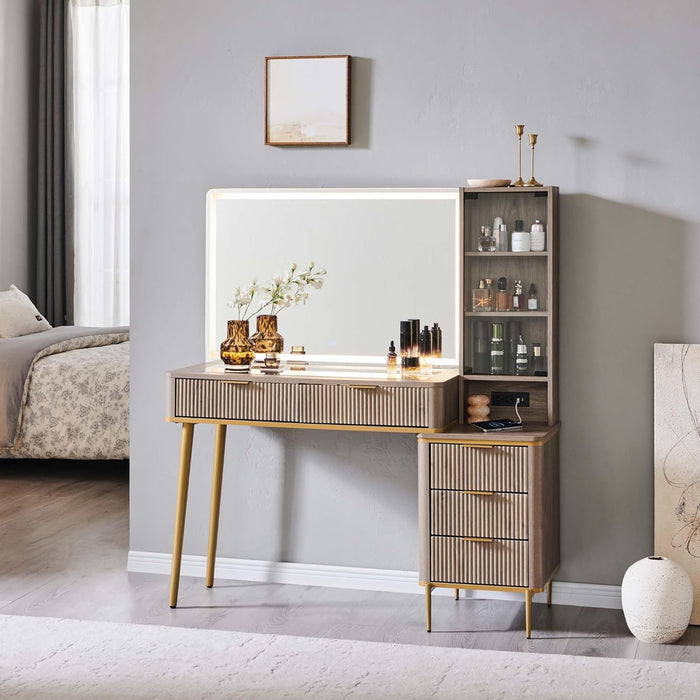 Fluted Makeup Vanity Desk with 36" HD Lighted Mirror, 48" Big Modern Vanity Desk with Mirror and Lights, Dressing Table with 5 Drawers & Shelves, Glass Top for Bedroom (Alder Grey)