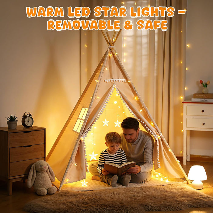 Teepee Tent for Kids with BBQ Pretend Play Toys, Spacious 60” Kids Play Tent Indoor & Outdoor, Foldable Playhouse with Mat & Star Lights, Washable Camping Toys Gift for Boys & Girls Ages 3–8