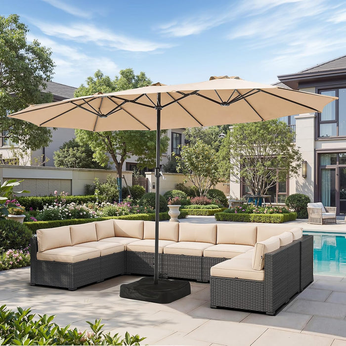 15Ft Patio Umbrella with Base Included, Outdoor Double-Sided Rectangular Umbrella with Crank Handle & Ventilation, Large Standing Umbrella for Pool, Deck, Lawn, Backyard & Beach, Beige