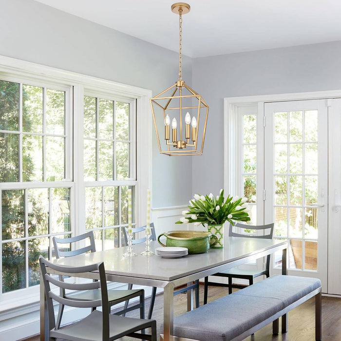 4-Light Gold Farmhouse Chandelier Iron Lantern Pendant Light