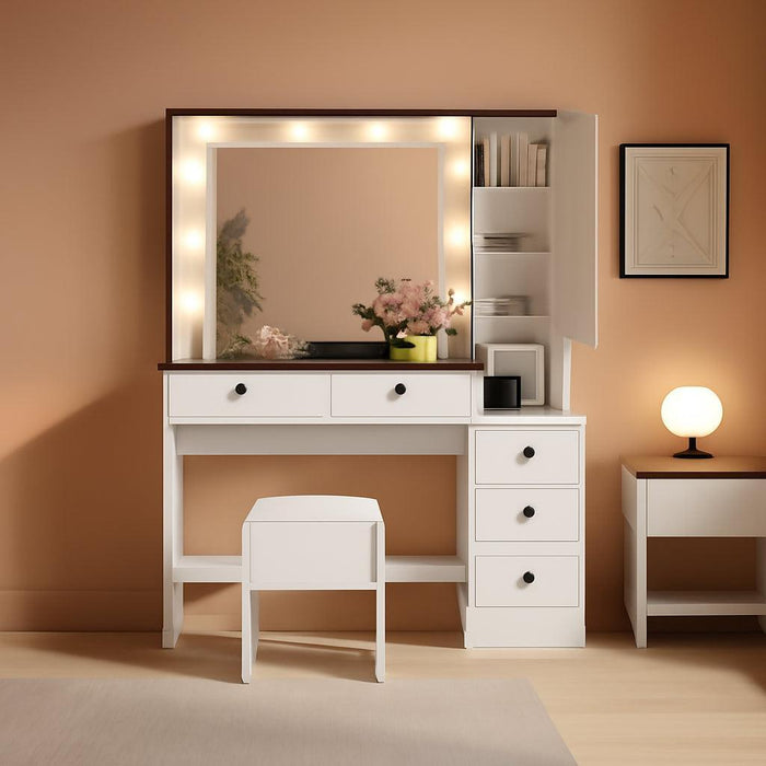Makeup Vanity Desk and Stool, Vanity Desk with Lights, Vanity Table Set with Charging Station, Drawers and Hidden Storage Shelves, White