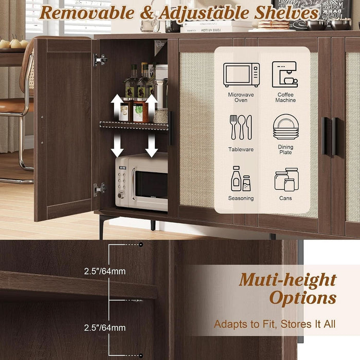 48" Rattan Buffet Cabinet with Storage, Walnut Coffee Bar Cabinet