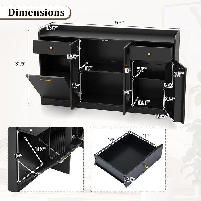 55" Farmhouse Buffet Cabinet, Large Credenza W/Hidden Tilt Out Trash Can, 2 Glass Doors, 2 Drawers & Adjustable Shelves, Modern Sideboard Coffee Bar Cabinet for Kitchen (Black)