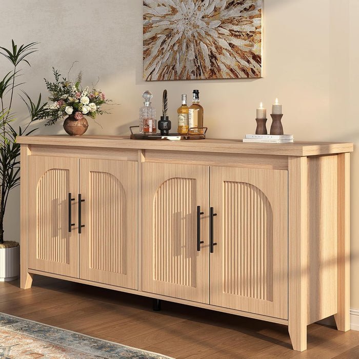 63" Fluted Sideboard Buffet Cabinet with Storage, Mid Century Modern Wood Arched Credenza, 4 Door Accent Console Table for Dining Room, Kitchen, Coffee Bar, Natural