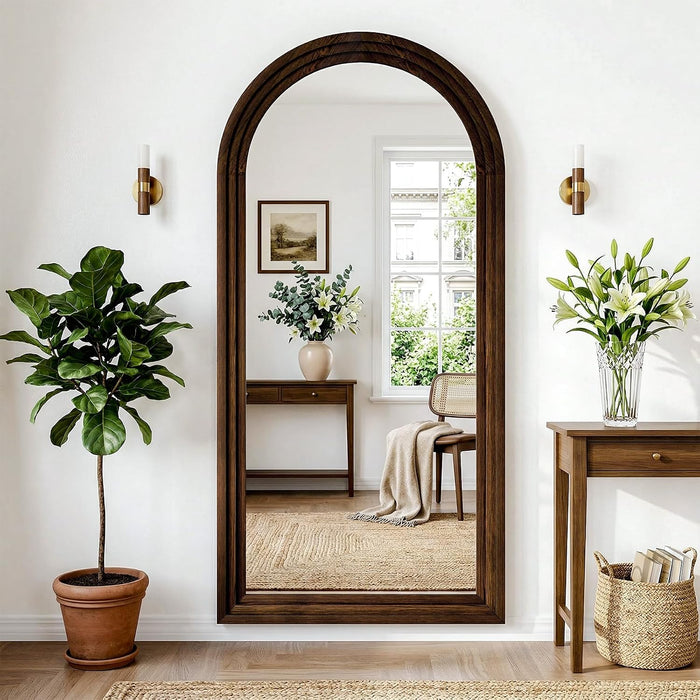 30"X71" Full Length Mirror Solid Wood Frame, Arched Floor Mirror Full Length with Stand, Room Decor Big Full Body Mirror with HD Tempered Glass for Bedroom, Living Room, Walnut Wood