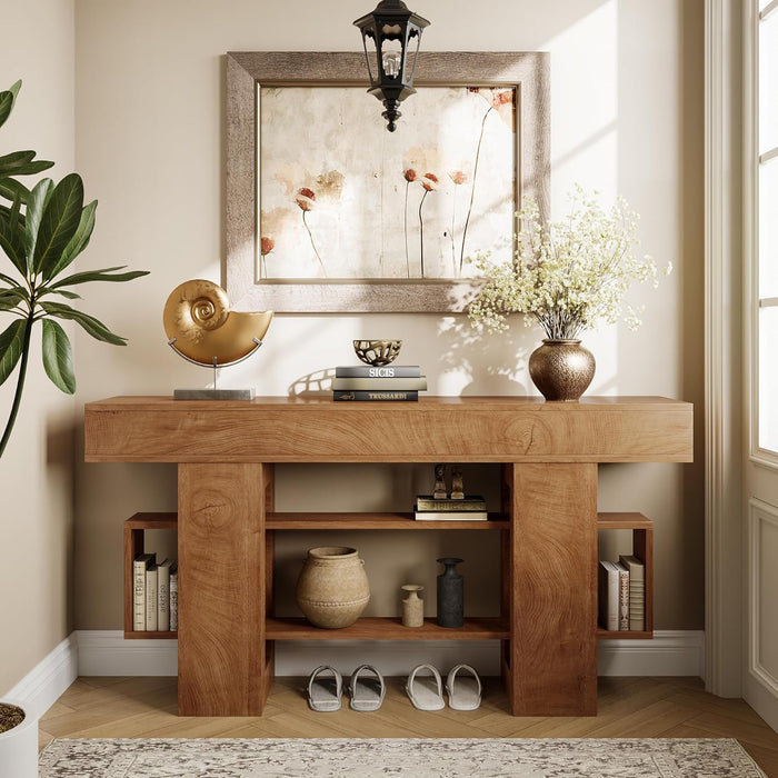 63 Inches Entryway Table, Wooden Console Table with Storage, Narrow Sofa Table behind Couch, Farmhouse Long Entry Hallway Tables for Entrance, Foyer, Living Room, Natural Brown