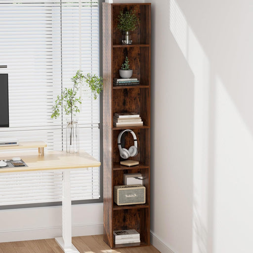6-Tier Tall Narrow Bookshelf, 70.5" Skinny Thin Bookcase, Brown | Corner Shelf Slim Storage Cabinet,Wood DVD CD Media Cube Organizer Tower Rack for Small Spaces, Bedroom, Living Room, Office