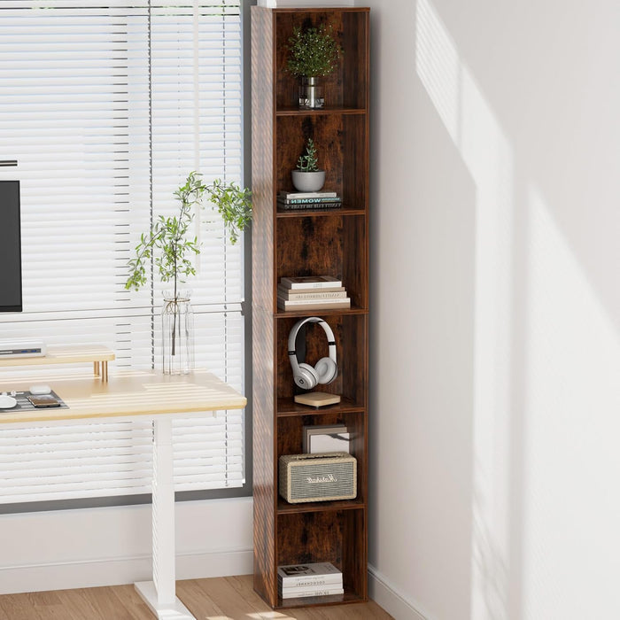 6-Tier Tall Narrow Bookshelf, 70.5" Skinny Thin Bookcase, Brown | Corner Shelf Slim Storage Cabinet,Wood DVD CD Media Cube Organizer Tower Rack for Small Spaces, Bedroom, Living Room, Office