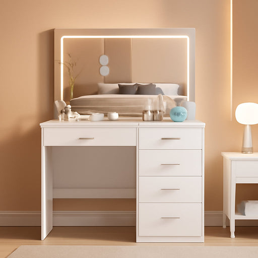 White Makeup Vanity Desk Set with Large Mirror, 31.5X14.2X51.5 Inch Makeup Vanity with 5 Drawrs, 3 Adjustable Light Modes, Vanity for Bedroom & Dressing Room