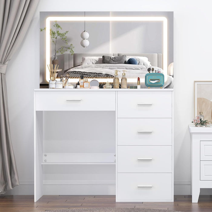 White Makeup Vanity Desk Set with Large Mirror, 31.5X14.2X51.5 Inch Makeup Vanity with 5 Drawrs, 3 Adjustable Light Modes, Vanity for Bedroom & Dressing Room