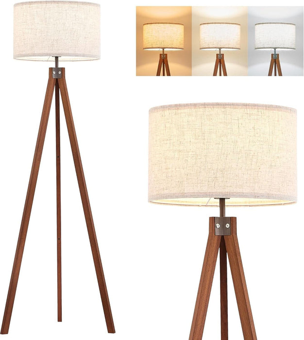 Solid Wood Tripod Floor Lamp with 3 Color Temperatures LED Bulb, Mid Century Modern Reading Standing Light Nature Linen Shade Tall Night Light for Bedroom Living Room Office Study Room, Brown