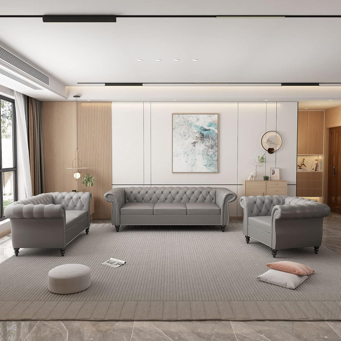 2 Piece Living Room Set, Chesterfield Leather Sofa Couch Chair with Scroll Arms and Nailhead for Living Room, Office (Grey)